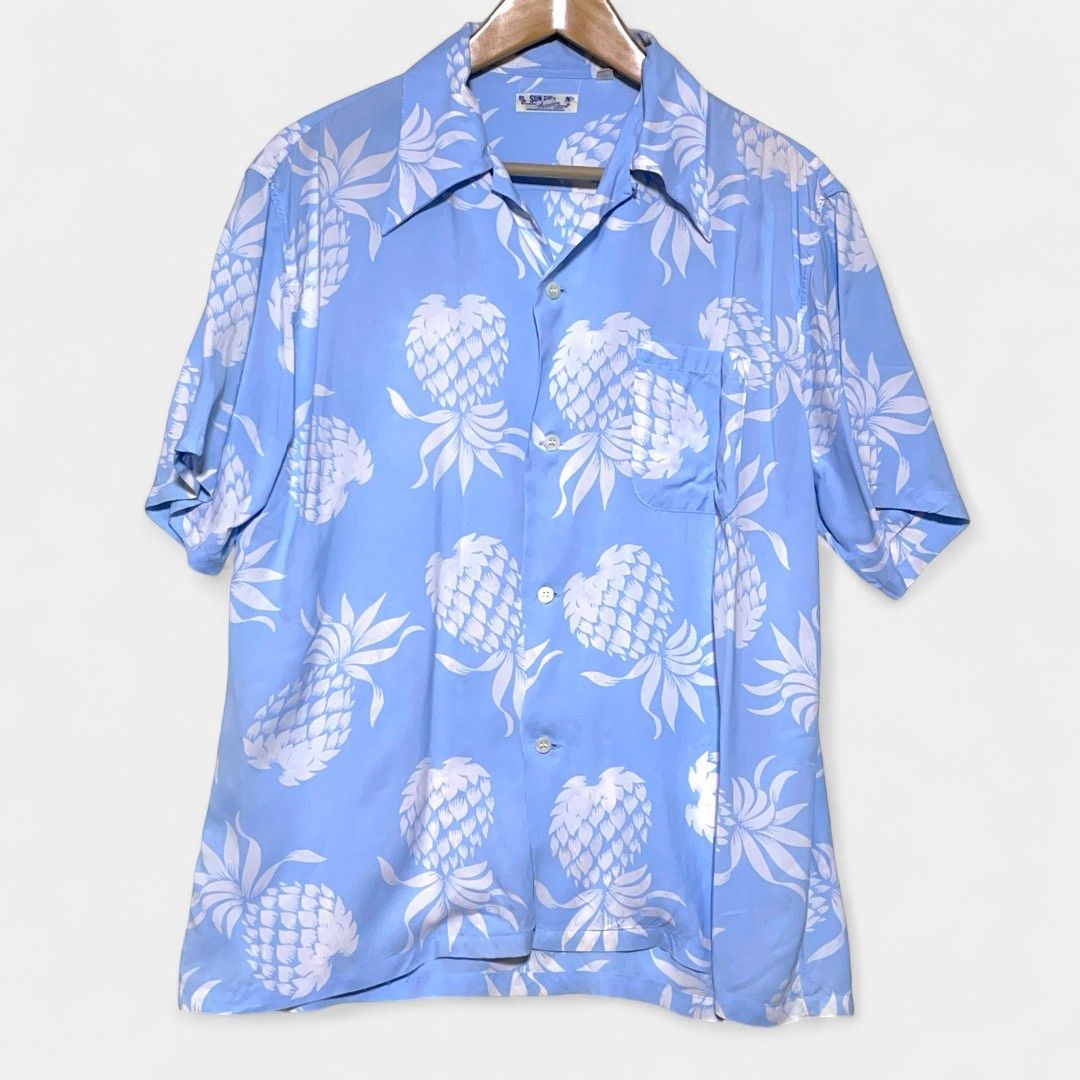 サンサーフ アロハシャツ パイナップル 総柄 水色 レーヨン