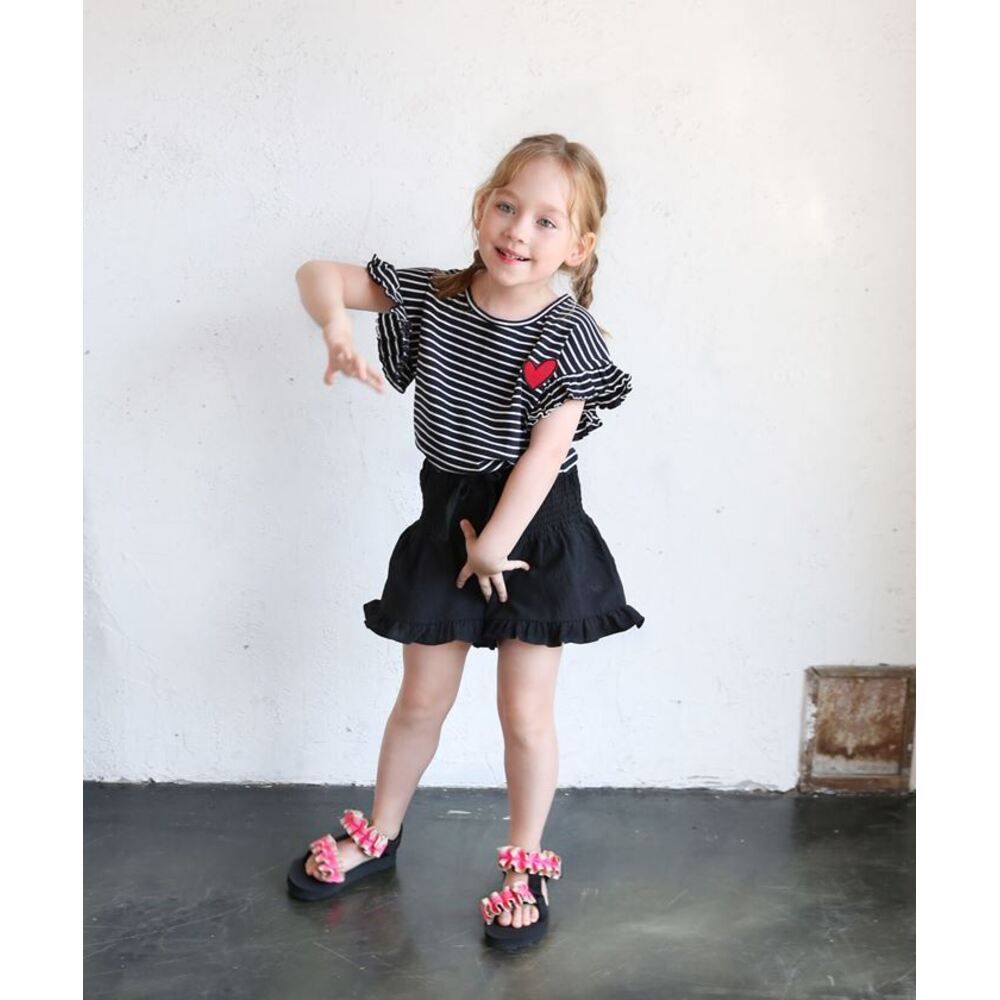 ☆ ネイビー ☆ 120cm ☆ ハートキュンドロップショルダー半袖Tシャツ キッズ Tシャツ 半袖 女の子 カットソー 73022401 半袖Tシャツ 夏服 フリル ボーダー ハート ワンポイント ドロップショルダー 可愛い おしゃれ かわいい オシャレ