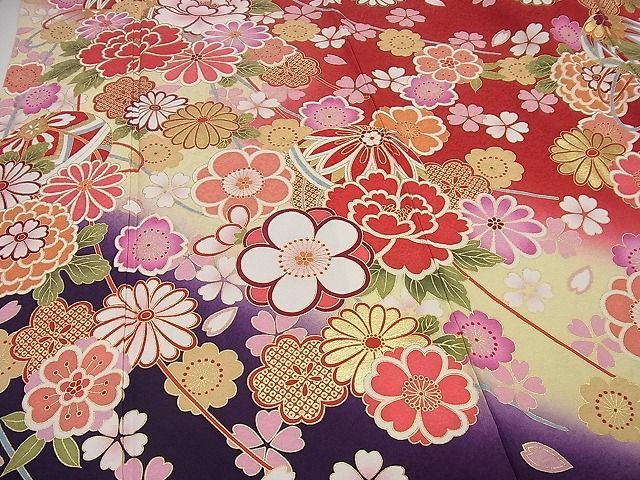 平和屋1□極上 振袖・長襦袢セット 鞠花文 暈し染め 本金箔 半衿刺繍