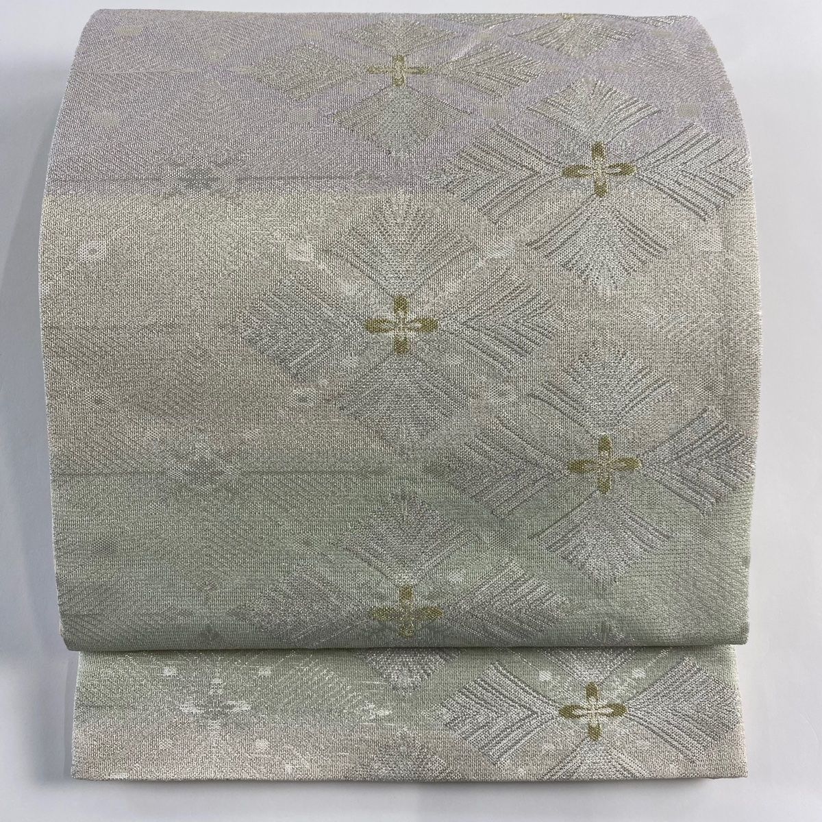 袋帯 美品 名品 花柄 縞 銀糸 箔 灰白 六通 正絹 【中古】（袋帯