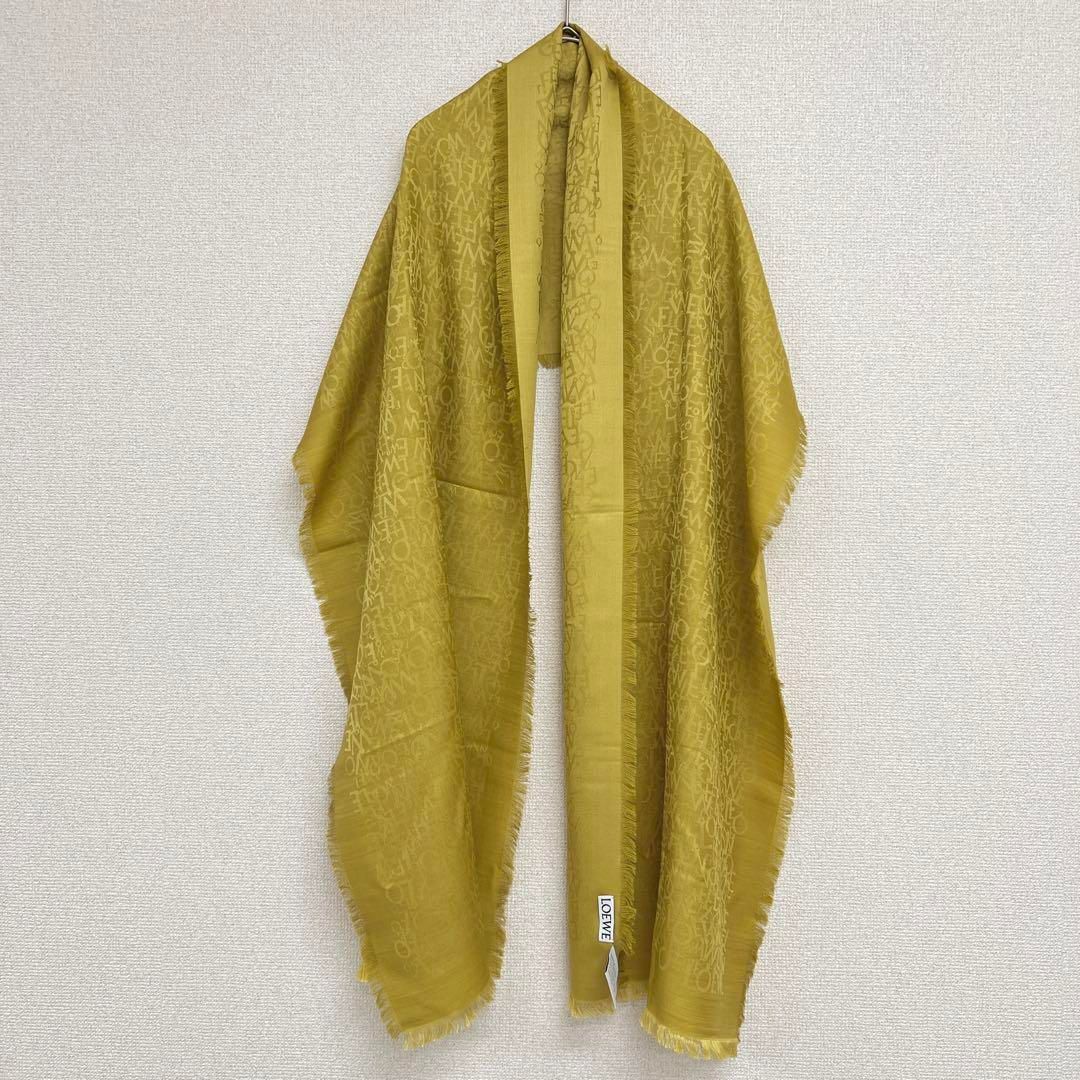 LOEWE ロエベ ロゴ総柄 フリンジストール イエロー カーキ シルク ウール イタリア製