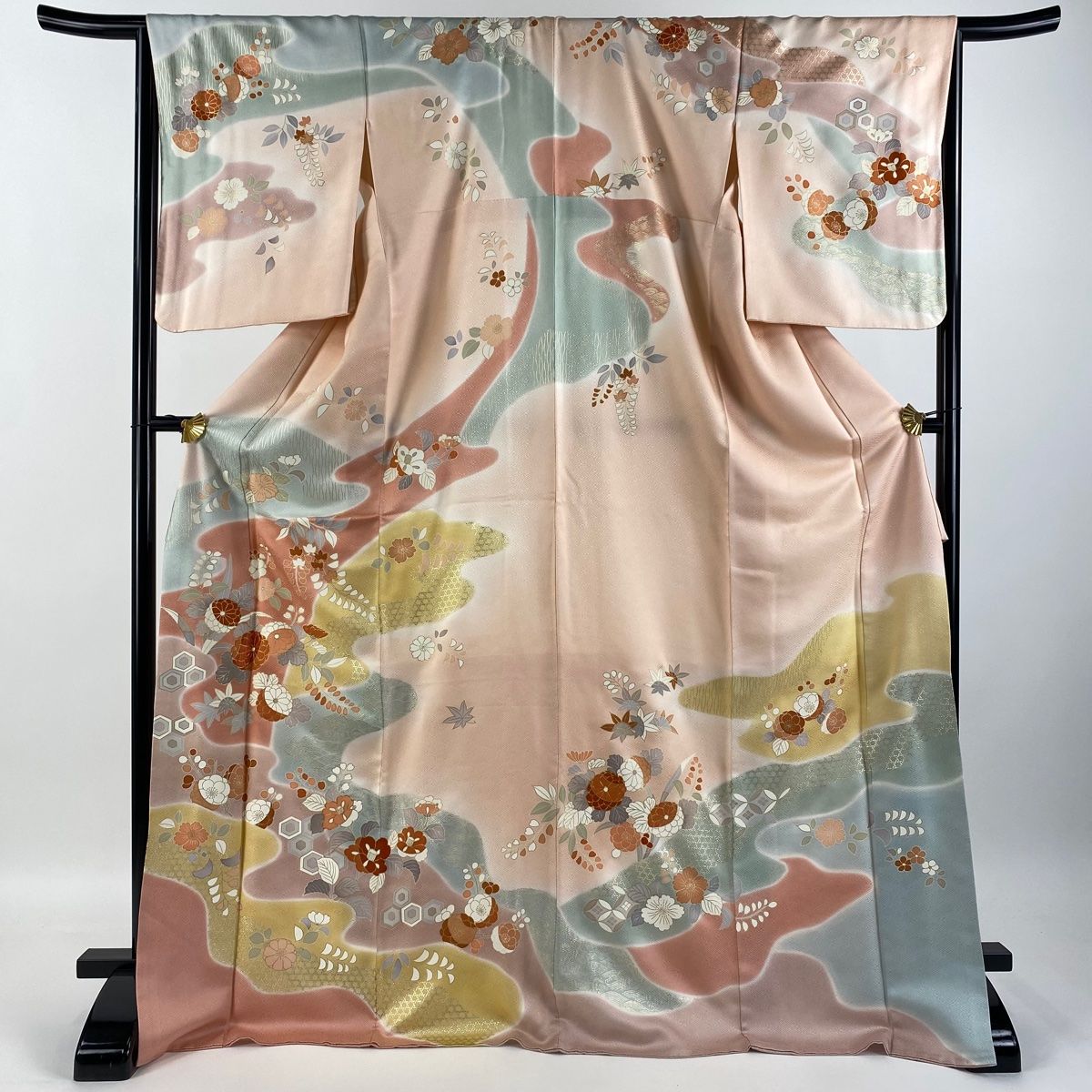 訪問着 身丈173cm 裄丈66cm M 袷 菊 椿 金糸 刺繍 薄ピンク 正絹 名品 一つ紋