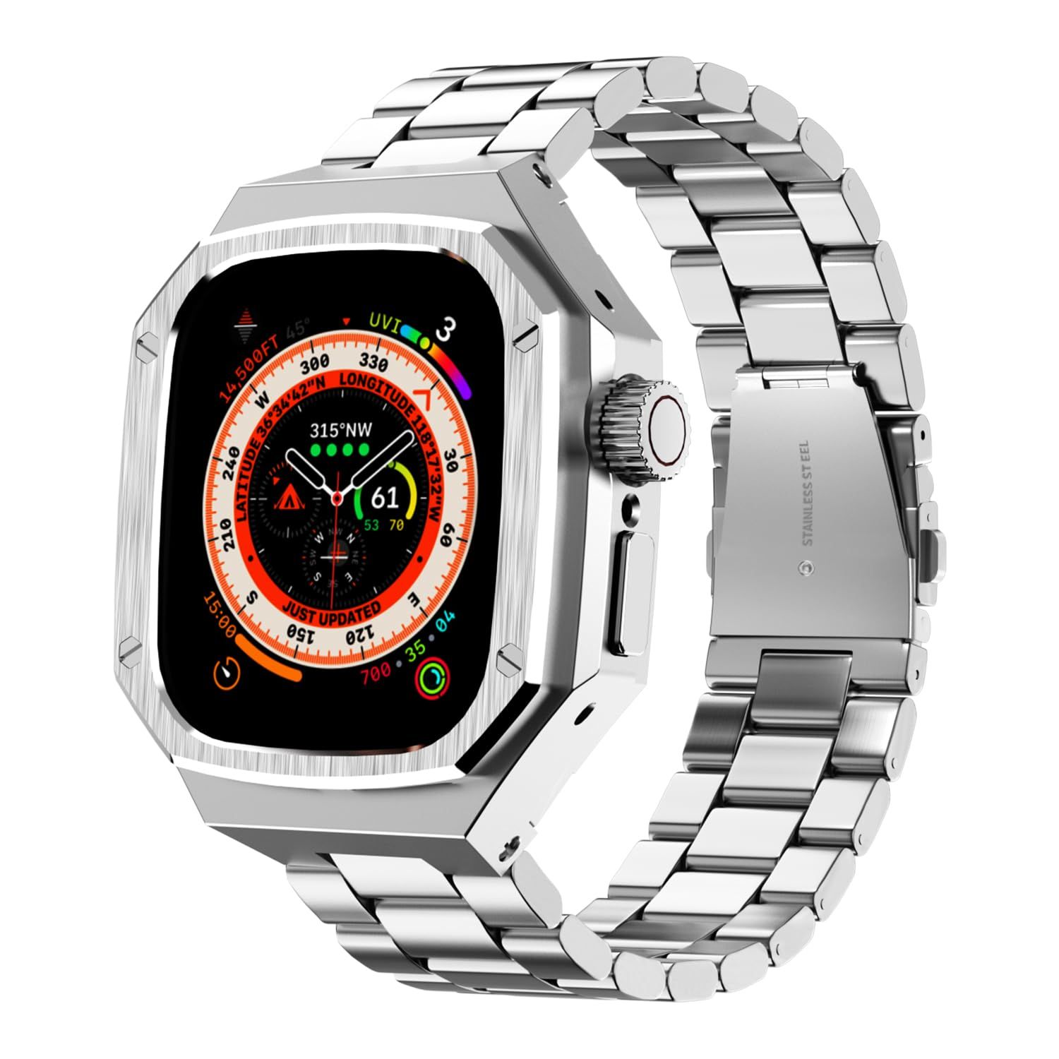 DGYSG アルミニウムケース ステンレススチールバンド付き Apple Watch Ultra|Ultra 2 チタン 49mm用 頑丈なメタル ミリタリー保護カバー プロテクター タクティカル 高耐久 保護 メンズ iWatch用 シルバー