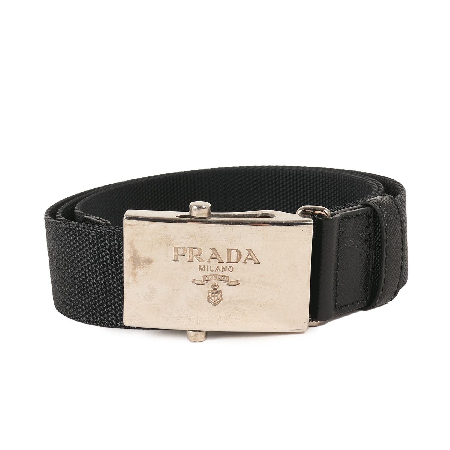 PRADA プラダ サイズ:90/36 ロゴ バックル キャンバス GI ベルト (2C4627) シルバー ダークネイビー イタリア製 ファッション 雑貨 小物【メンズ】