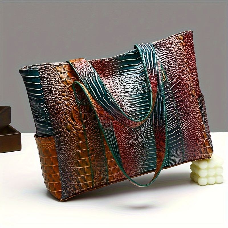 シックなピーコックブルーのクロコダイルエンボス加工トートバッグ（女性用）- 万能ショルダー＆ハンドバッグ、 レディースレトロクロスボディバッグとハンドバッグ、女性用財布デイリー万能トートバッグ、カジュアルサッチェルバッグカーキ, カーキ