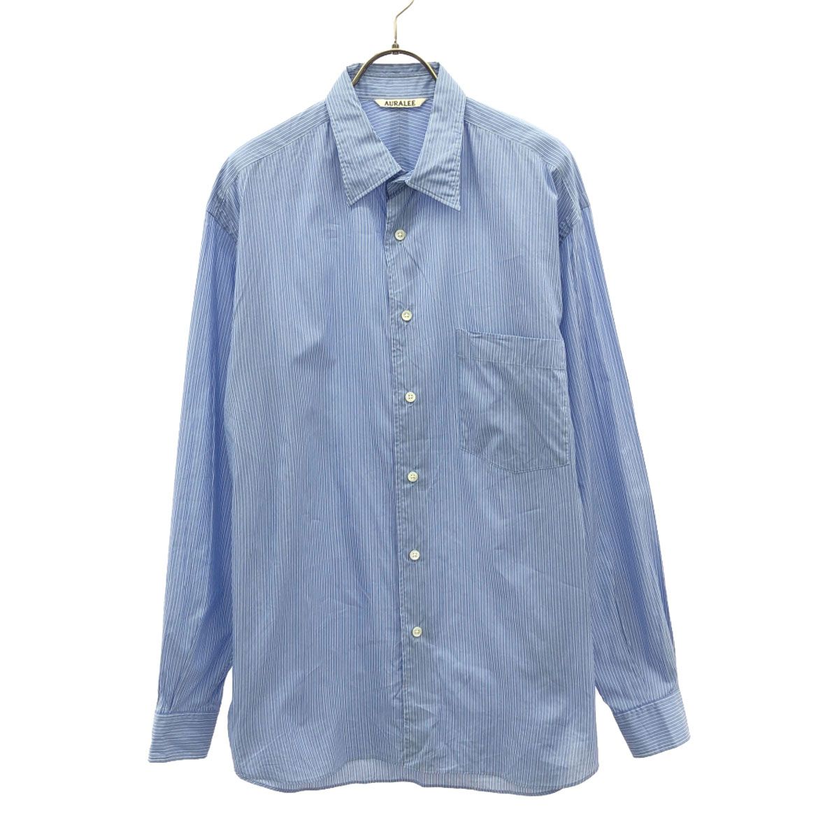 オーラリー　長袖シャツ　バンドカラー　コットンシルク　ストライプ　ブルー　1 COTTON SILK STRIPE SHIRT(BLUE STRIPE) - H-L