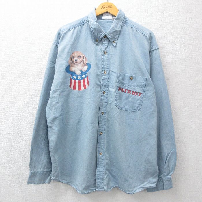XL/古着 長袖 シャツ メンズ 00s 犬 ロング丈 ボタンダウン 薄紺 ネイビー デニム 24aug28 中古 トップス