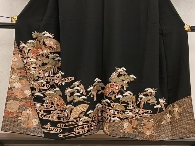平和屋着物□豪華黒留袖 駒刺繍 扇面花鳥文 金彩 正絹 逸品 BAAV0041mz