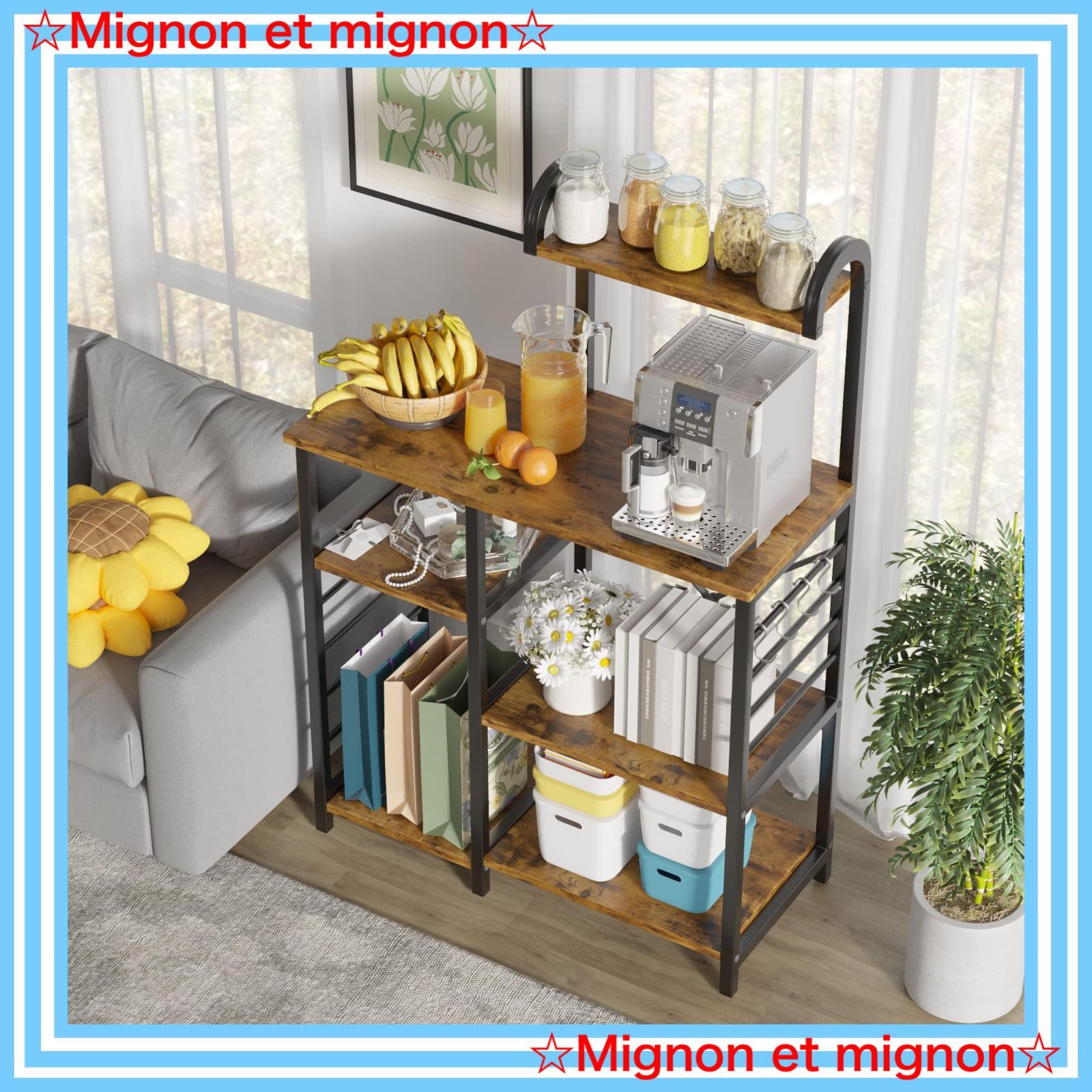 省スペース ラックを付き 食器棚 おしゃれ キッチンカウンター レンジボード ラック キッチン収納 キッチン棚 ブラウン 黒 高さ142 幅88 奥行39cm 大型レンジ対応キッチンラック レンジ台 レンジラック Alebert