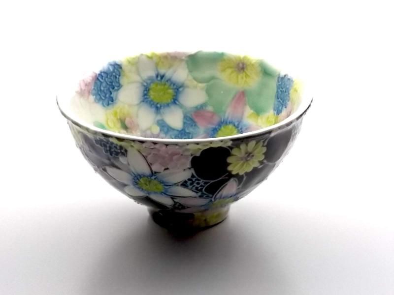 工房ゆずりは 彩白絵花 飯碗 (ご飯茶碗) 手造り 手描き 瀬戸焼