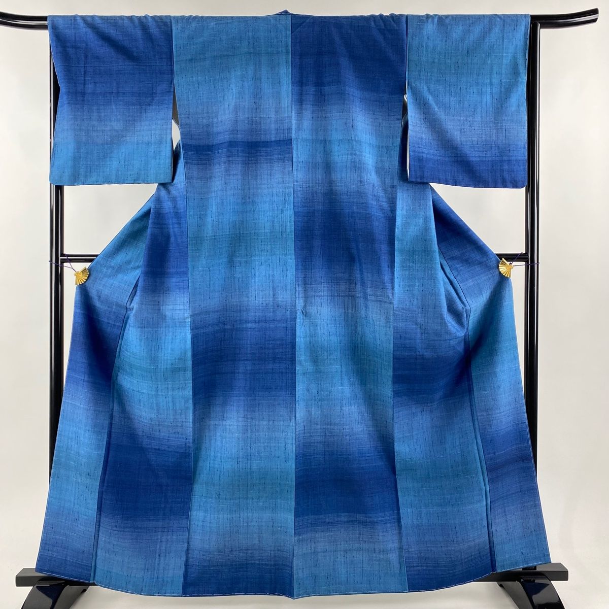 紬 身丈162cm 裄丈65.5cm M 袷 縞 段縞 青 正絹 名品