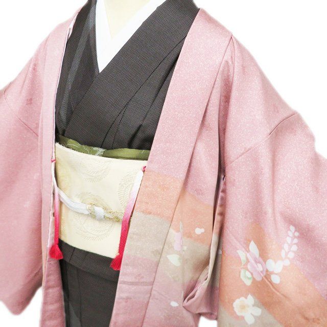 羽織 コート 着物 正絹 流水に花模様 羽織紐付き 銀通し 紅梅色 多色 身丈81cm 裄68cm きもの北條 A1282-2