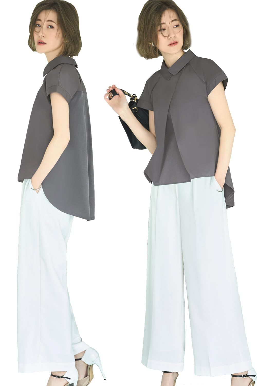 Size S_Color スミクロ DGY ルイ ルエ ブティック シャツ デザイン Tシャツ カットソー レディース ミセス ママ トップス ブラウス ドレスシャツ 半袖 スーツ カジュアル 大きいサイズ 上品 シンプル 着回し 手洗い オフィ