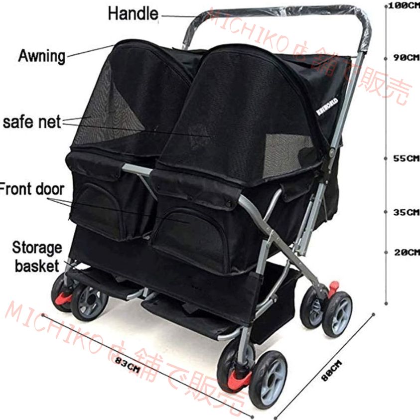 ペットカート ダブル犬ベビーカーペットベビーカーのレインカバーマックスロード60キロでペット＆猫ブラックパープル用の大型犬ベビーカー徒歩圏内折りたたみトラベルキャリッジ