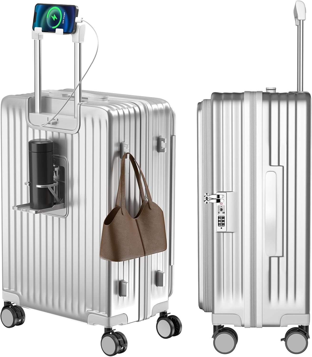 Vivcon スーツケース キャリーケース 片開き 拡張機能付き ストッパー付き キャリーバッグ 携帯スタンド USBポート付き カップホルダー付き 隠しフック機能 超軽量 耐衝撃 静音 360度回転 シルバー Sサイズ 45L 1-3泊