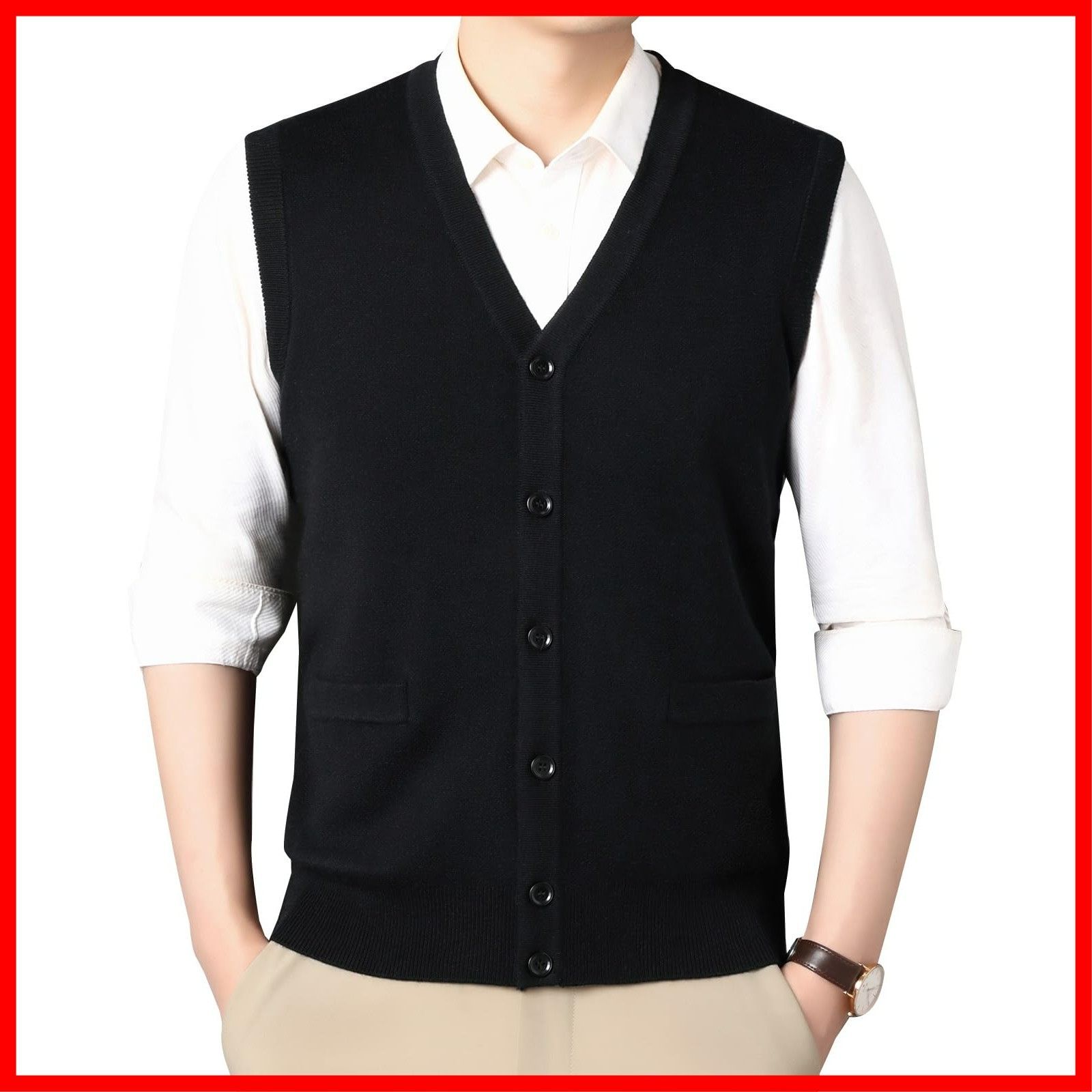 前開き Vネック カーディガンベスト 無地 ニット メンズ トップス ボタン付き 通勤 ニットベスト ビジネス 春 [Rakityo] 秋 冬