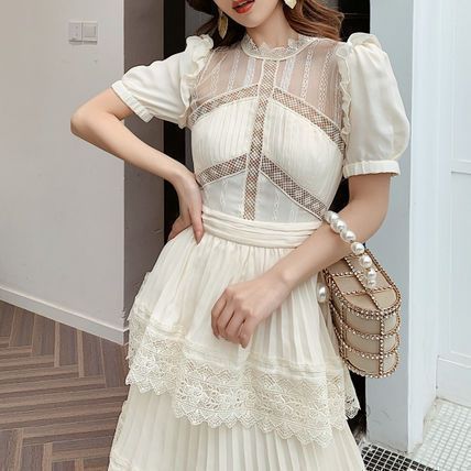 ワンピース 韓国 半袖 ロング丈 ティアード レース パーティー 新品・未使用】ワンピース 半袖 韓国 ロング丈 レース