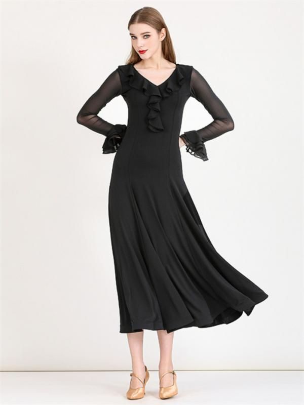 受容的な 社交ダンスドレス モダンドレス 黒 赤 社交ダンス衣装 社交ダンス ドレス 衣装 長袖 大きい裾 ドレス ワルツダンス ワンピースドレス ステージ衣装ダンスウェア 競技会 パーティー 発表会 競技着 練習着 舞台 演奏会 演出 ブラック レッド 配送商品は通常配送無料