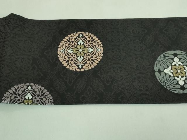 平和屋着物□極上 九寸名古屋帯 唐織 正倉院花丸文 黒地 金糸 逸品  