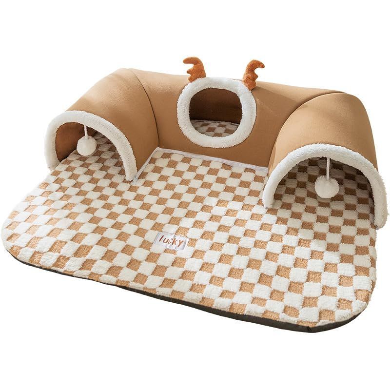 インドアキャット用猫 トンネルベッド 2 in 1猫ベッドとキャットトンネルおもちゃ 85*70cm大型サイズ猫用カーペットトンネル オールシーズン対応 取り外し 洗える 猫と小動物用-ブラウン