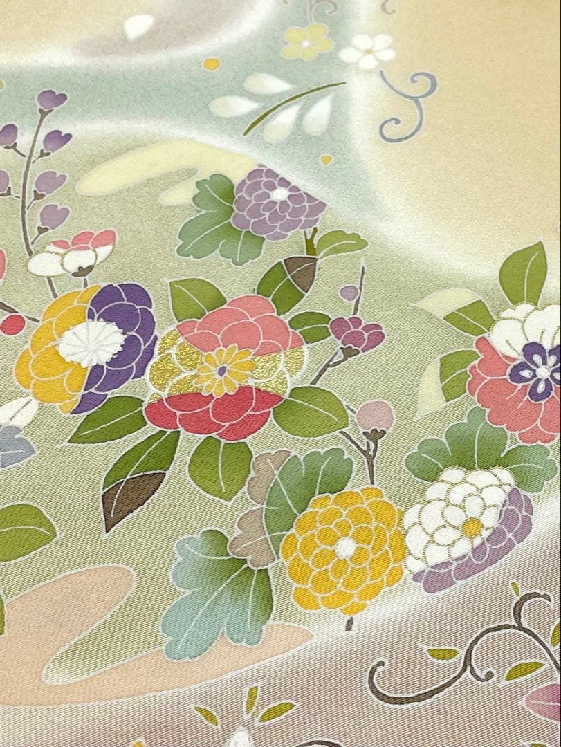 付け下げ 金彩 銀彩 浜ちりめん メロンイエロー色 正絹 反物 - メルカリ