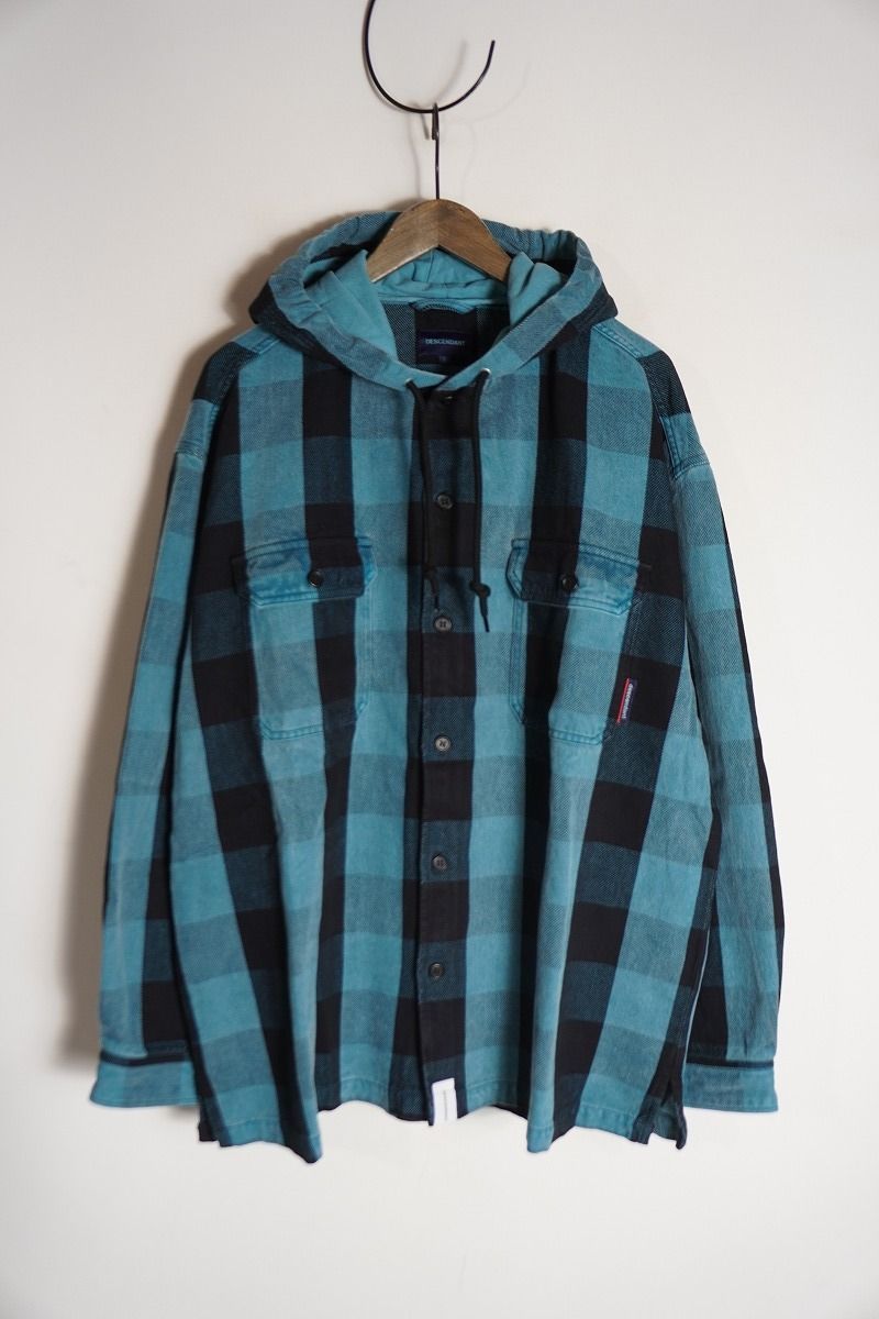 Descendant ディセンダント SPICOLI HOODED オーバーダイ加工 フード付き 長袖 バッファロー チェック ヘビー ネルシャツ 青緑1016P♪