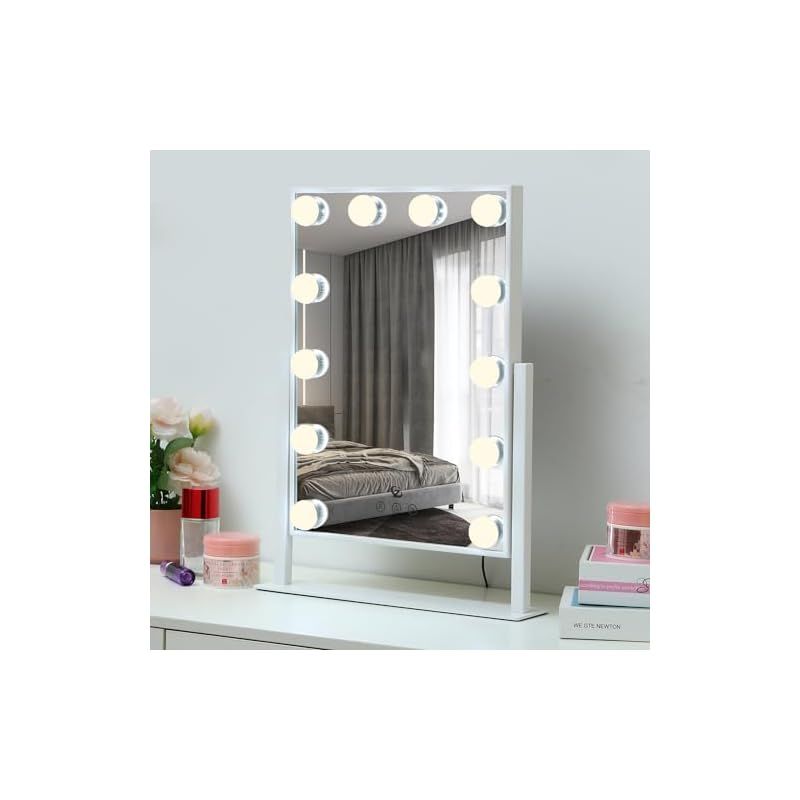 化粧鏡 女優ミラー メイク 卓上鏡 ライト付き 卓上ミラー LEDミラー ハリウッドミラー 12個 ハリウットLED電球付き 明るさ調節 無段階調光 記憶機能付き 360度回転 給電式 33x47cm 長方形 0