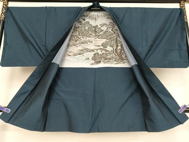 平和屋着物○男性 紬 アンサンブル 青藍色 正絹 逸品 AAAV9069np