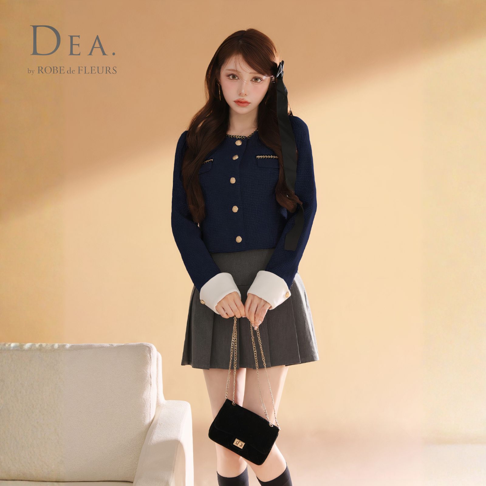 DEA. by ROBE de FLEURS ディアバイローブドフルール ミニドレス DE4605 ツイードクラシカルボタンプリーツミニキャバドレス Navy Gray