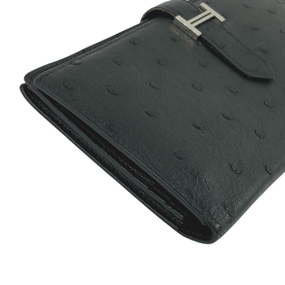 □中古□ エルメス ベアンスフレ 長財布 オーストリッチ ブラック Z刻  