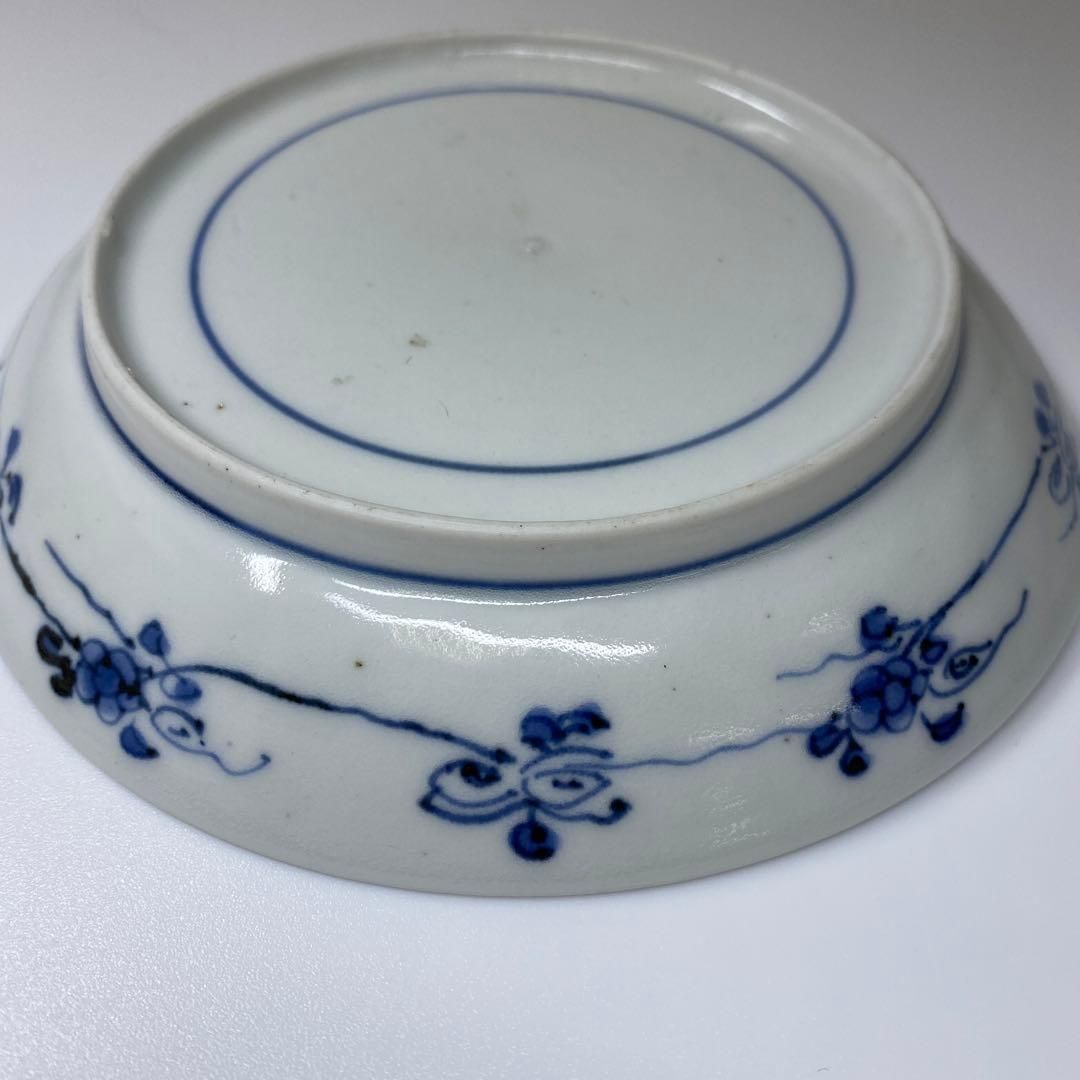 江戸中期 藍九谷上手鷺の図中皿 木箱付 幅約14.5㎝ 東Y6-0910