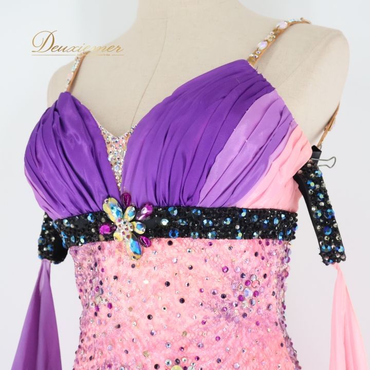 社交ダンス 衣装 スタンダードドレス スタンダード ドレス ワンピース フロート 紫 グラデーション ピンク系 パープル系 デモ 競技 ダンス パーティ 発表会 SO-TOME おしゃれ フロート ステージ衣装 ドレスアップ グラデーションワンピース