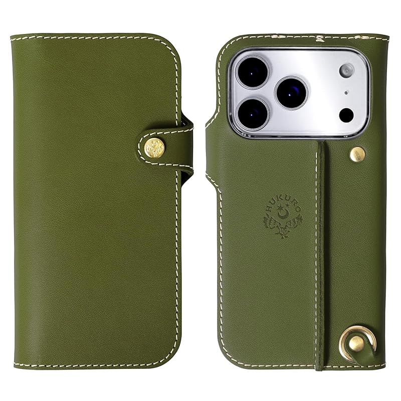 HUKURO iPhone17 Pro 互換品 手帳型 ケース 栃木レザー 本革 スマホケース 落下防止 グリップ カバー ストラップホール 持ちやすい フクロ グリーン