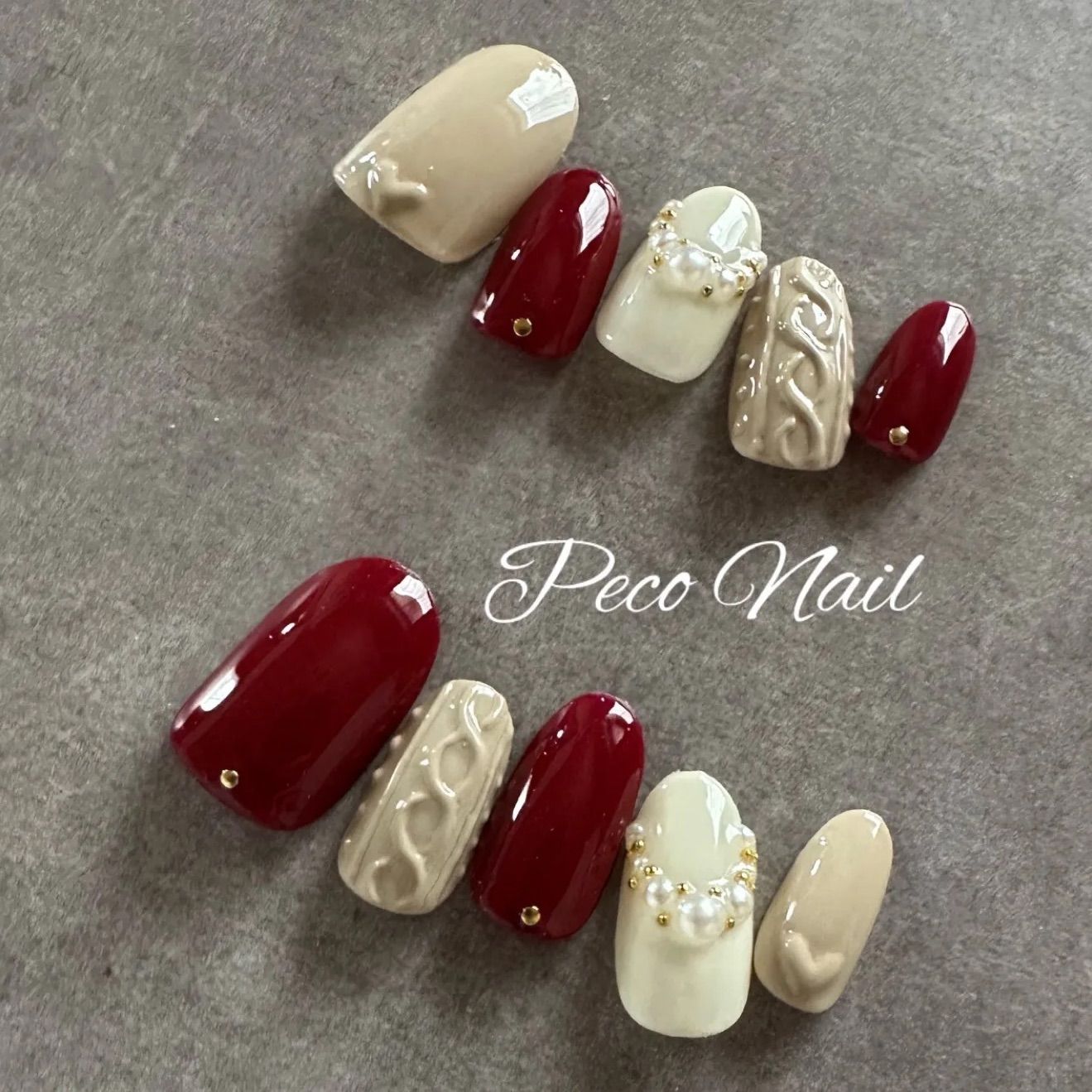 No.031】ネイルチップ♡ニットネイル♡赤ネイル♡ツイード♡ボルドー