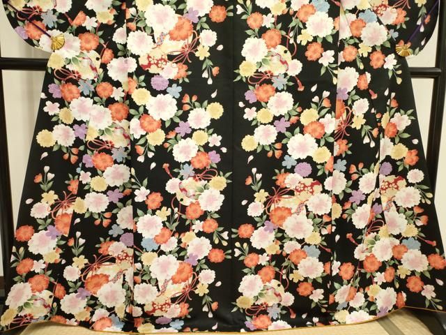 平和屋着物○小振袖 二尺袖 花鞠文 黒地 洗える着物 DAAY2476op - メルカリ