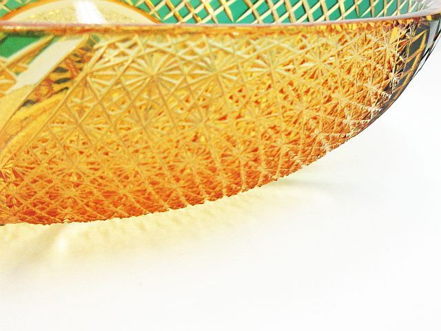 江戸切子 門脇硝子加工所 琥珀色緑被せ 大鉢 オレンジ グリーン 直径約