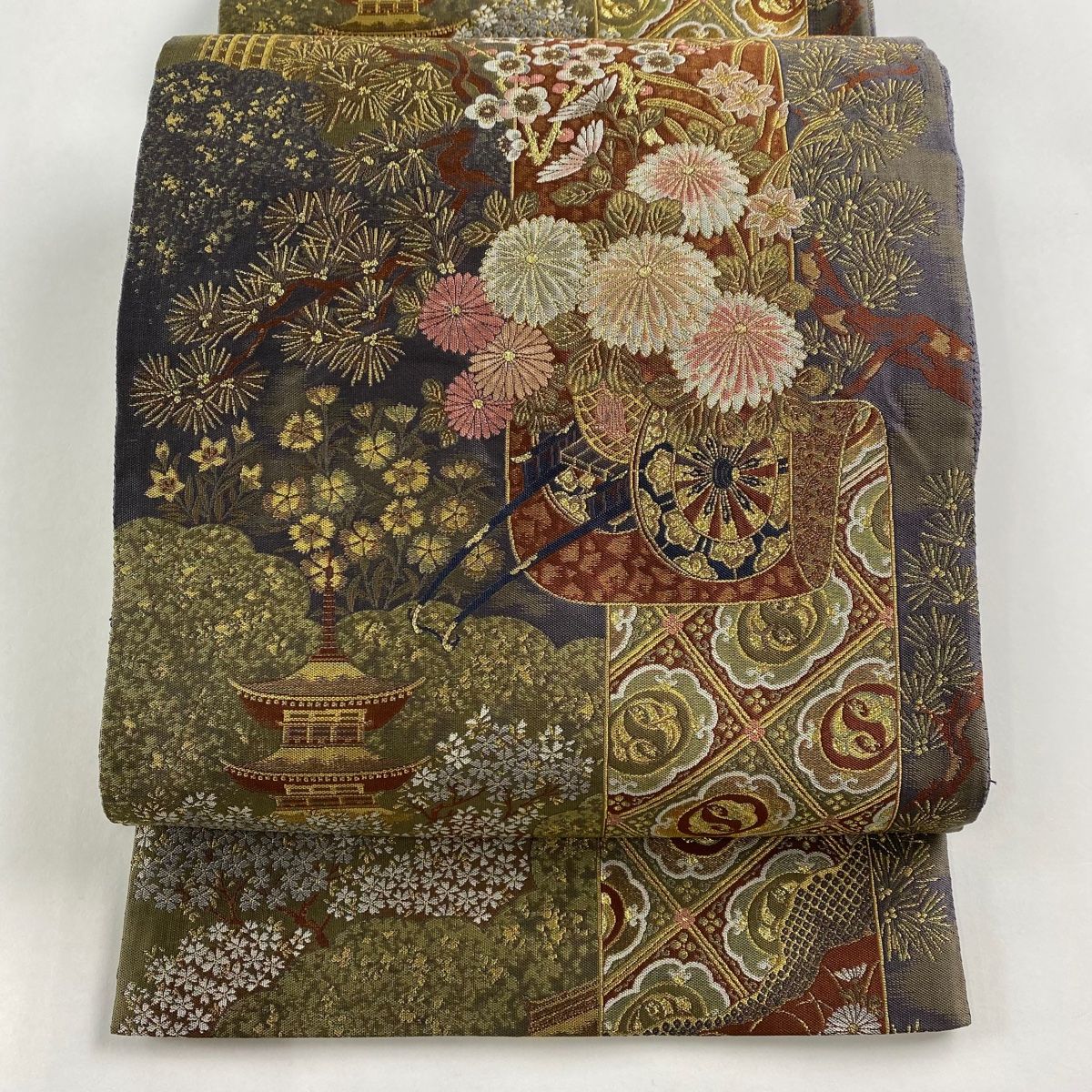 袋帯 秀品 紹巴 古都東山眺望 金糸 箔 灰紫 六通 正絹
