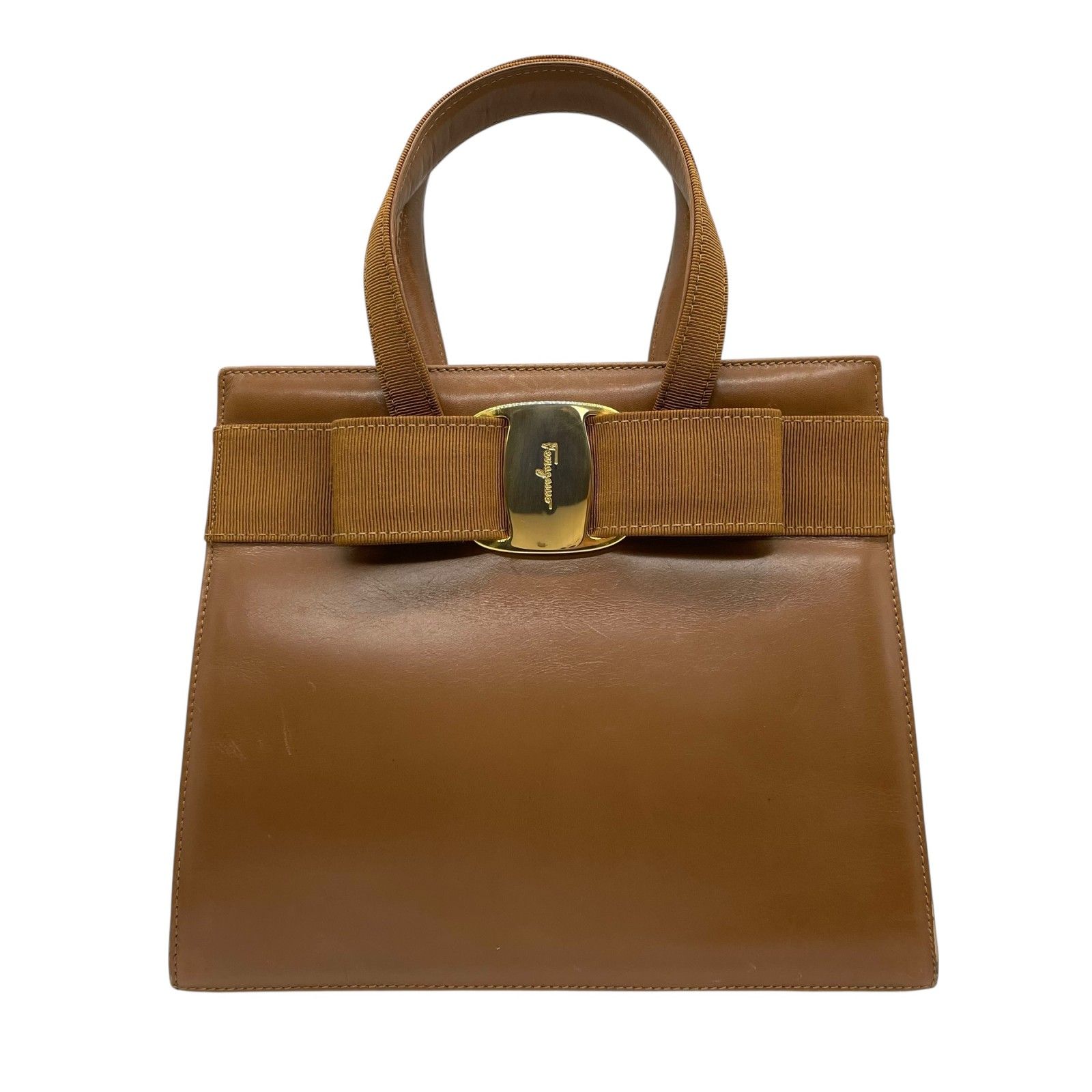 Salvatore Ferragamo フェラガモ ヴァラ リボン ハンドバッグ 茶