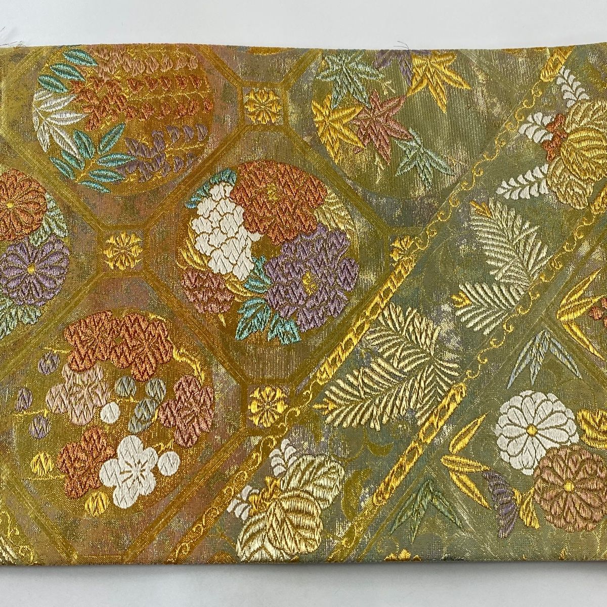袋帯 玉虫色 煌 花文様 金糸 正絹 六通 袋帯 玉虫色 煌 花文様 金糸 正絹 六通