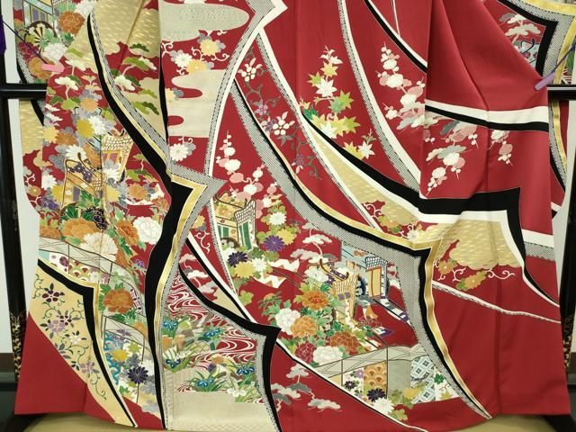 平和屋本店□極上 創業460年・千總 振袖 駒刺繍 鴛鴦御所車吉祥花文