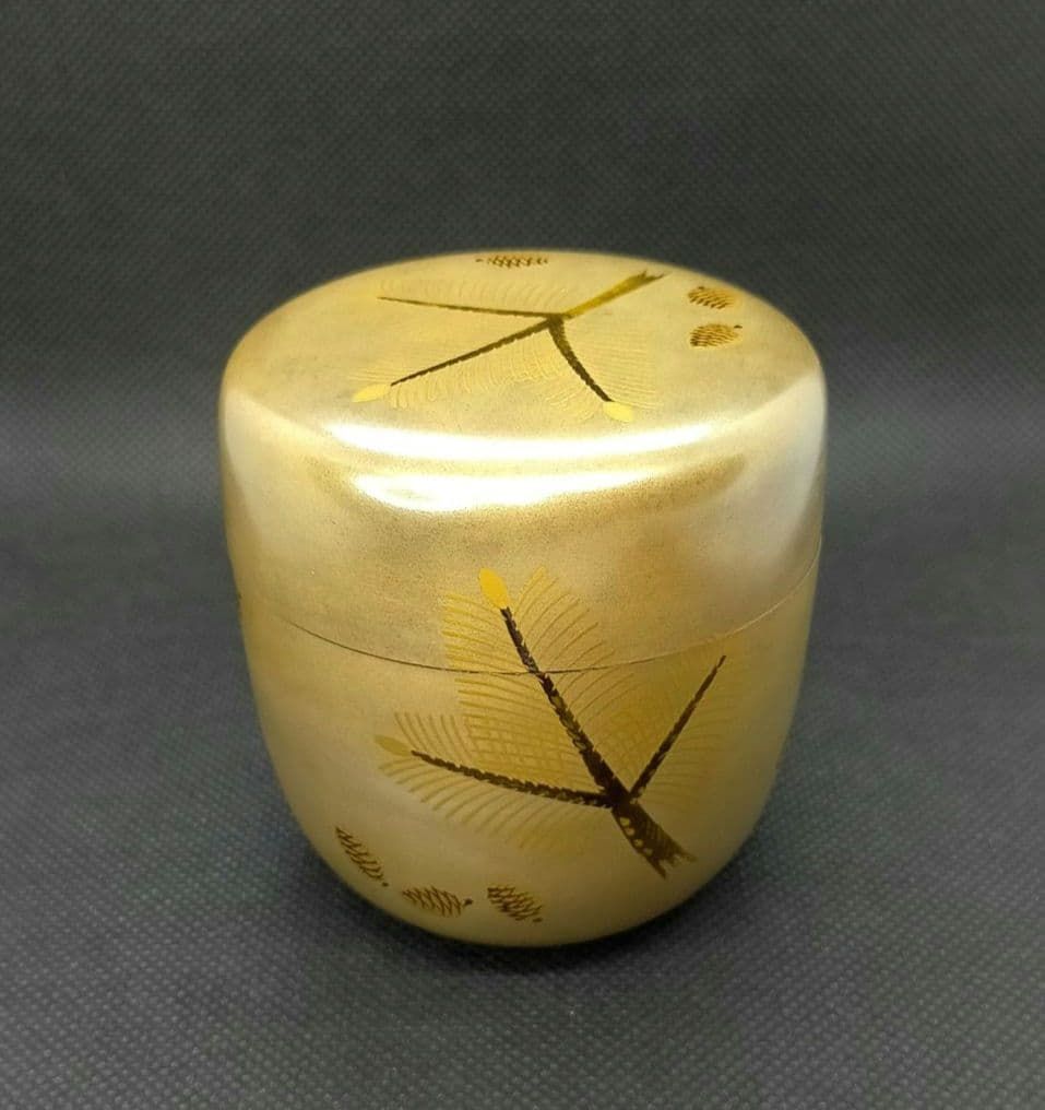 銀ため松 銀地 松絵中棗 黄布 茶道具