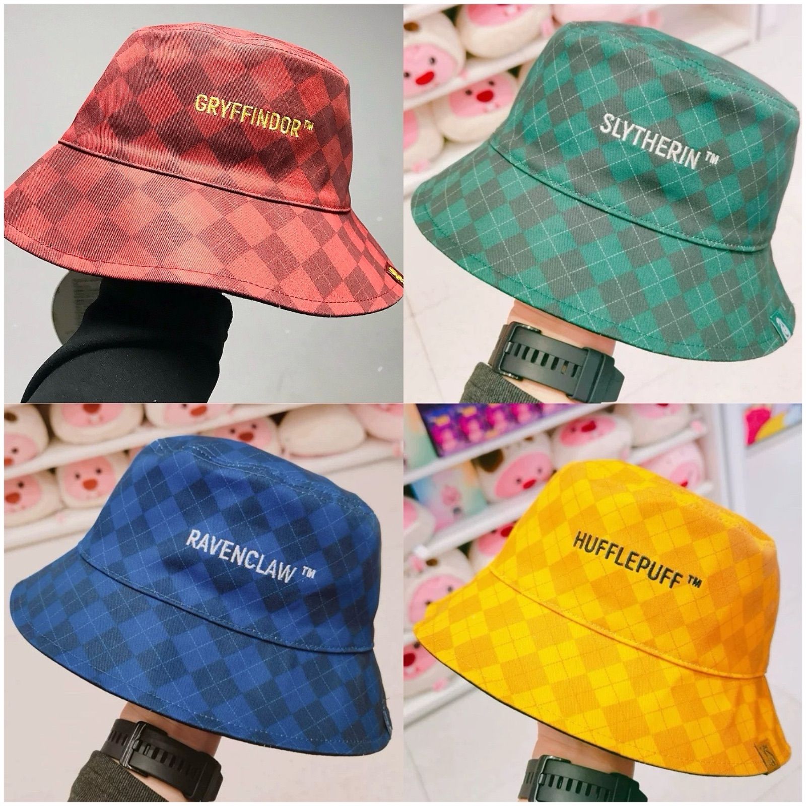 4点 HarryPotter x MINISO ハリーポッター メイソウ中国 バケットハット 帽子 モデル 4つ学院 グリフィンドール スリザリン レイブンクロー ハッフルパフ 学院の代表色｜学院名イニシャル刺繍 3D立体刺繍｜両方とも使えます 4点