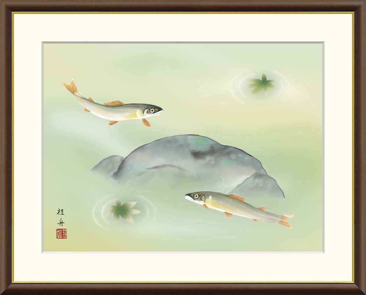 10年保証 名画 油絵 楓に鮎 長江桂舟 手彩仕上 高精細巧芸画/インテリア 額入り 額装込 アート リビング プレゼント アートフレーム 飾る グッズ ギフト おしゃれ 壁掛け 絵 F6(52x42cm)