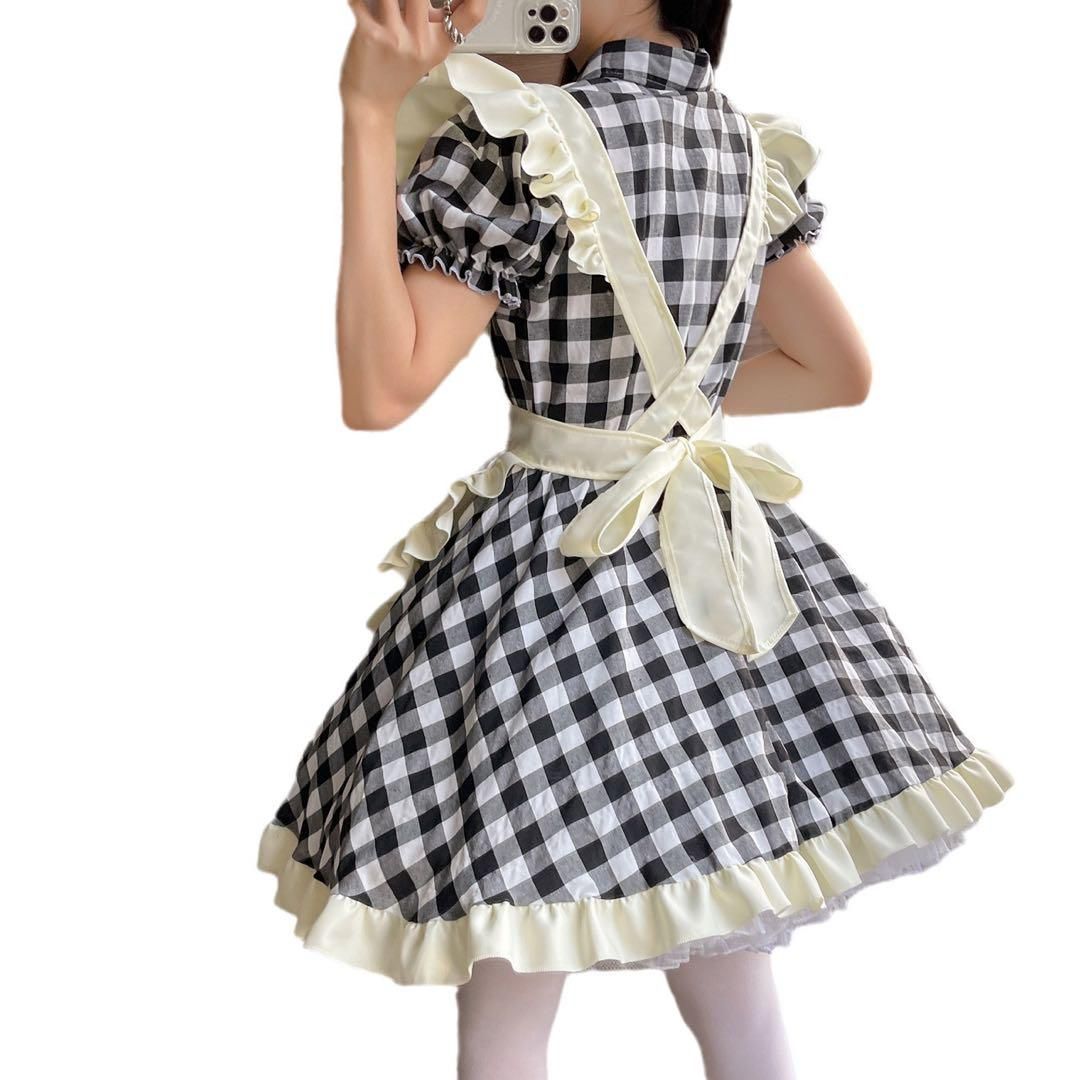 チェック柄フリルメイド服 サイズ:M】[JUNDOMECY] 可愛い チェック柄 メイド服 セット 大き