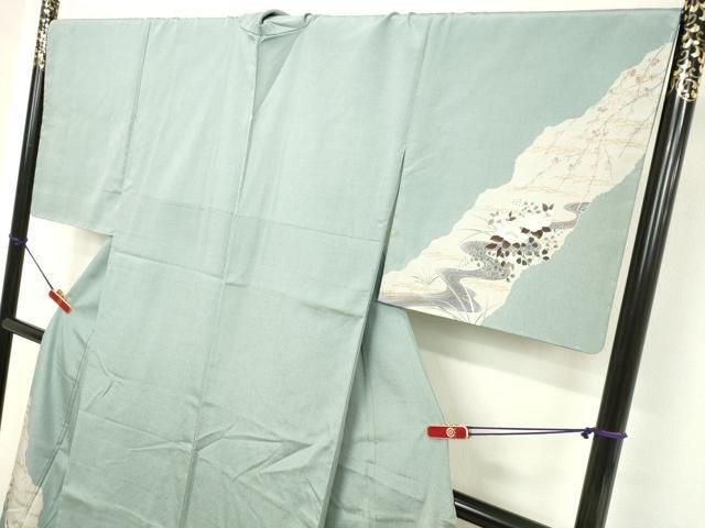 平和屋着物○本塩沢 訪問着 藤倉守正 やまだ織 流水草花文 金彩 やまと