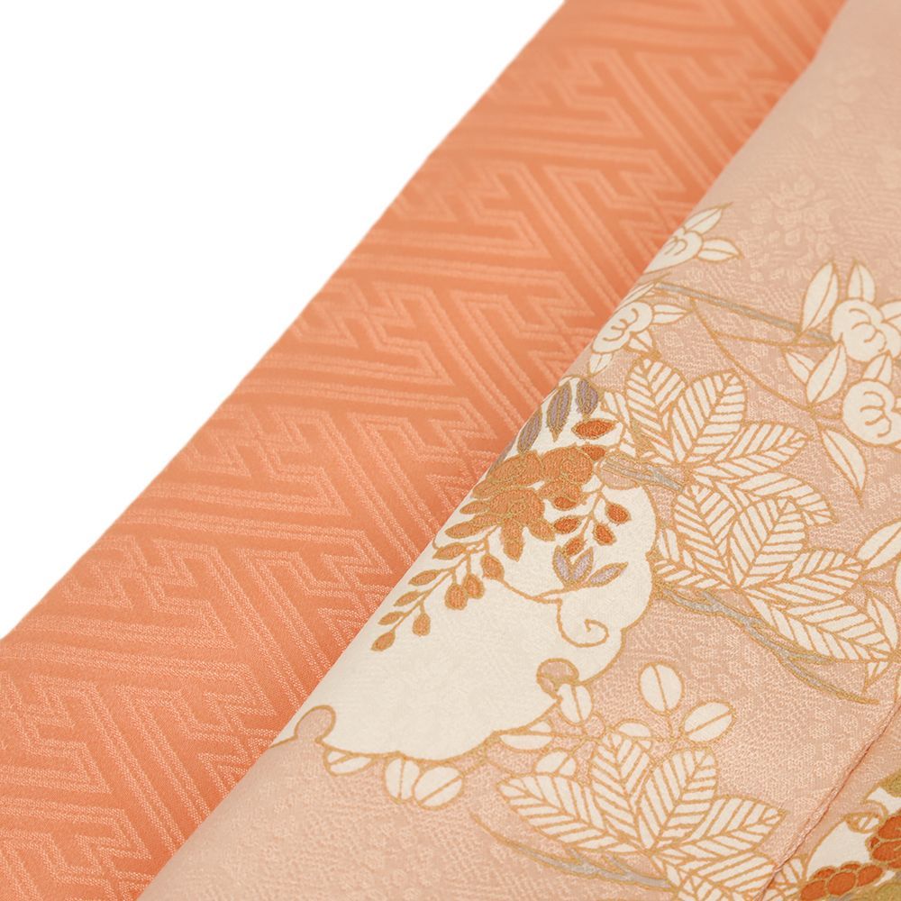 訪問着 正絹 中古 重ね衿付き 本加工手描き友禅 一つ紋 ピンク 雪輪 橘