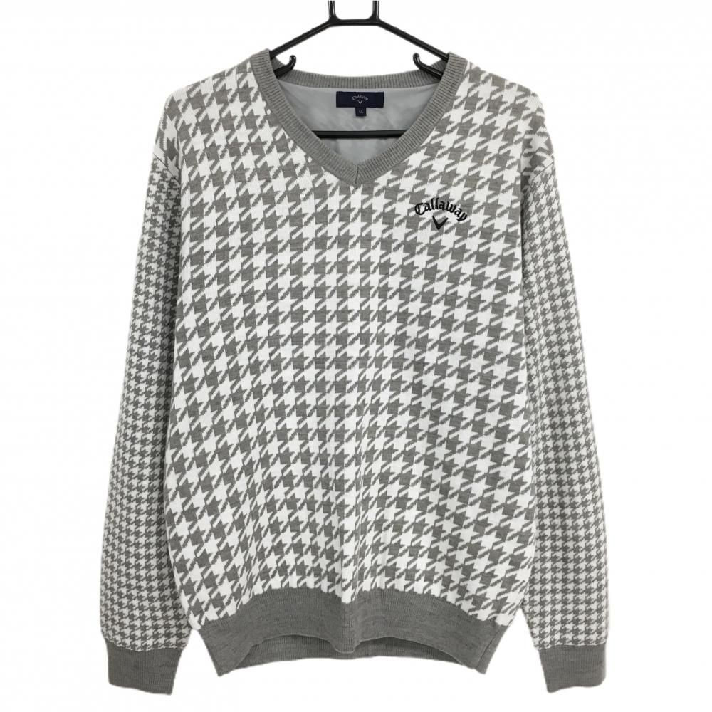 超 キャロウェイ セーター 白×グレー 千鳥格子 ニット ウール混 Vネック 裏地付 メンズ LL ゴルフウェア Callaway