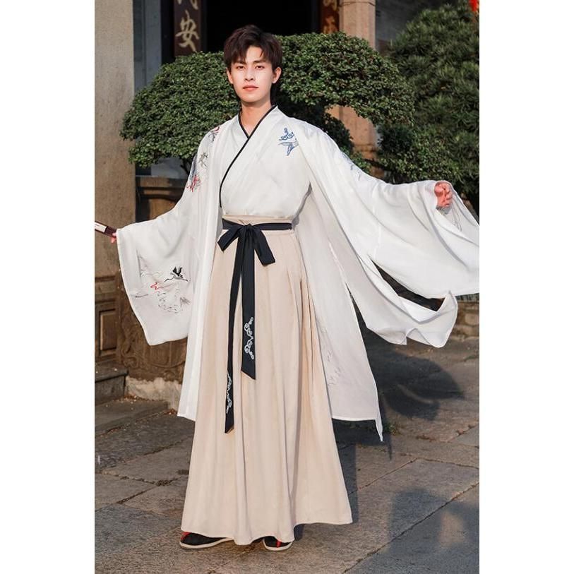 ♥ メンズ漢服唐装 大人男性用中華服 白系チャイナ服 小袖 大きい袖羽織+スカート 袴 2点セット 3点セット 魚龍鶴刺しゅう 華流コス ハロウィン BJ0929ML