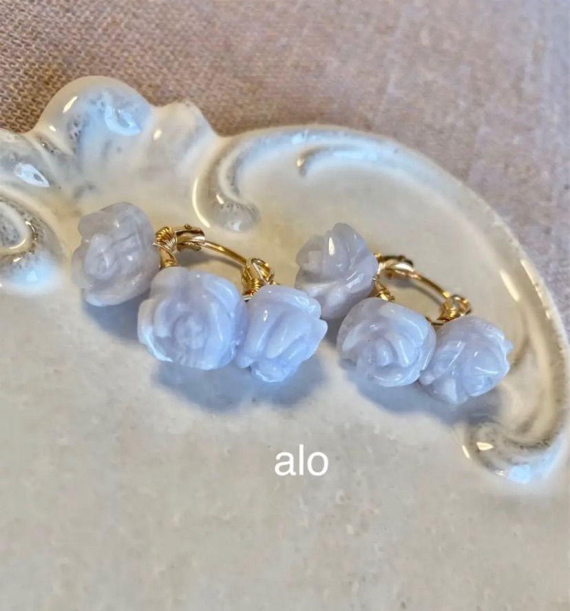 天然石 14kgf ブルーレース ローズ フープピアス アレルギー対応  