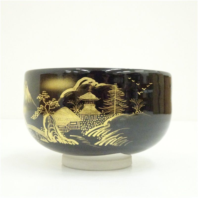 ショップ 九谷焼 龍山造 黒釉金彩山水文茶碗（共箱） 茶道 抹茶